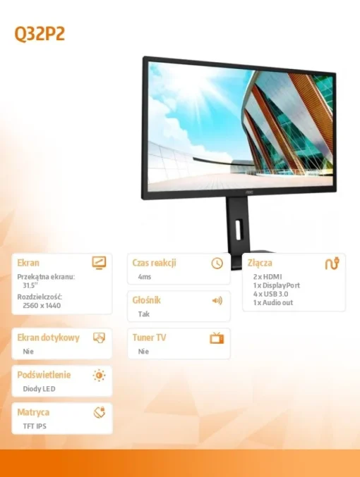 AOC Q32P2 Monitor 31.5 inch IPS HDMIx2 DP height adjust - Image 2