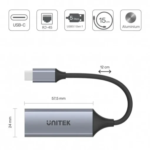 Unitek Adapter USB-C 3.1 GEN 1 RJ45, 1000 Mbps, U1312A - Image 2