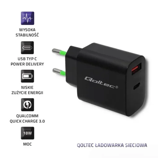 Qoltec Charger 18W 5-12V, 1.5-3A, USB C - Image 2