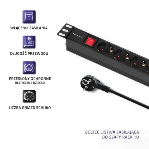 Qoltec Power strip for RACK 1U 16A, PDU, 8xSCHUKO, 2m - Image 3