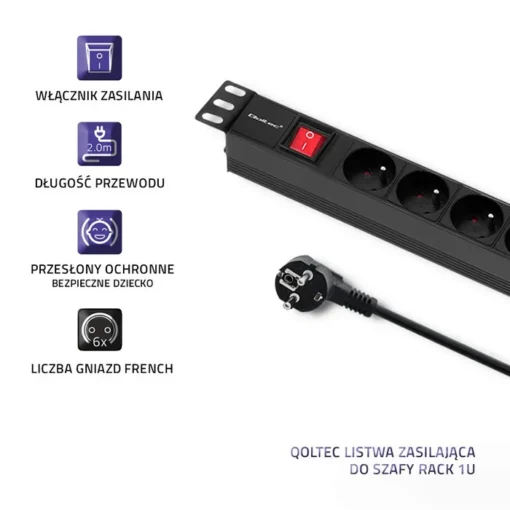 Qoltec Power strip for RACK 1U 16A, PDU, 6xFRENCH, 2m - Image 3