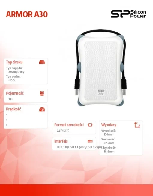 Silicon Power External HDD ARMOR A30 1TB USB 3.2 white / armored / shockproof - Image 4