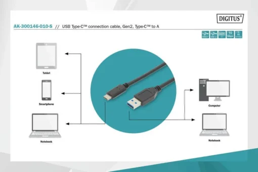 Digitus Connection Cable USB 3.1 Gen.2 SuperSpeed + 10Gbps USB Type C / USB A M / M, Power Delivery black 1m - Image 6