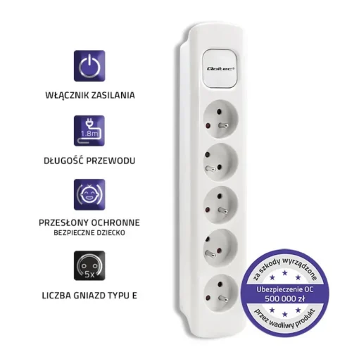 Qoltec Power strip 5 sockets, 1.8m, White - Image 3