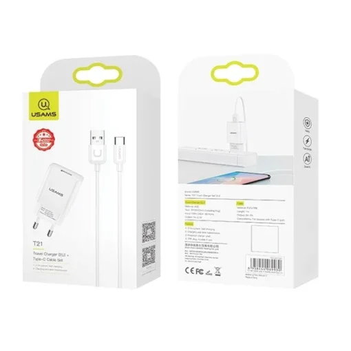 USAMS Charger 1xUSB USB-C cable 2,1A T21 - Image 2