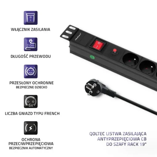 Qoltec Power strip for RACK 19cali | 1U | 6A | PDU 6xSCHUKO | 2m - Image 3