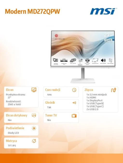 MSI Monitor Modern MD272QPW 27 inch IPS/WQHD/4ms/75Hz/250nit - Image 2