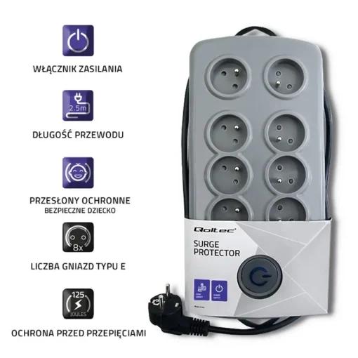 Qoltec Surge protector Quick Switch 8 sockets 2,5m gray - Image 4