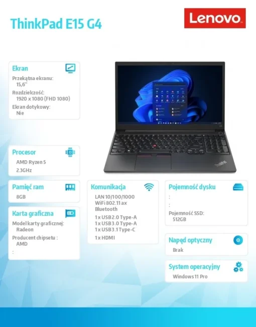 Lenovo Лаптоп ThinkPad E15 G4 21ED0082PB W11Pro 5625U/8GB/512GB/INT/15.6FHD/Black/1YR Premier Support + 3YRS OS - Image 3