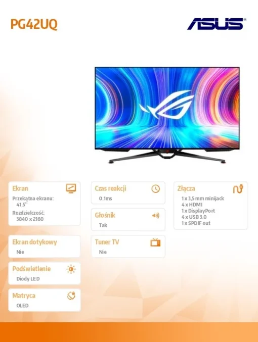 Asus Display 41.5 cali PG42UQ 4K 3840x2160 OLED 138Hz* 0,1MS 450nit DP HDMI 2.0x2 HDMI2.1x2 USB3.2 X4 SPEAKER WOFER 15W - Image 3