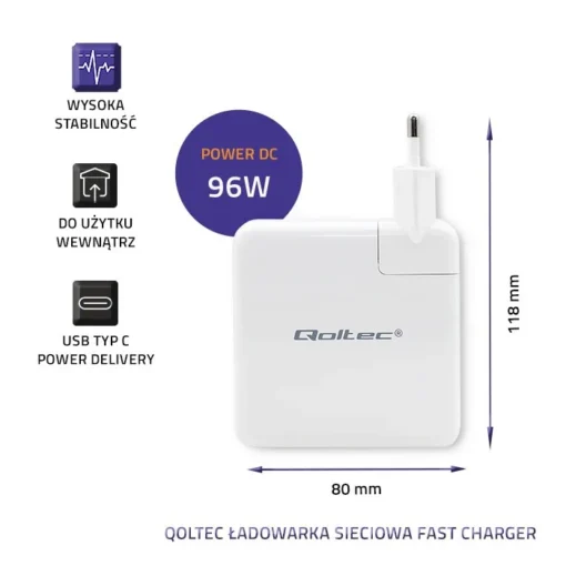 Qoltec Power charger FAST 96W USB C PD, white, 5V 20V - Image 2