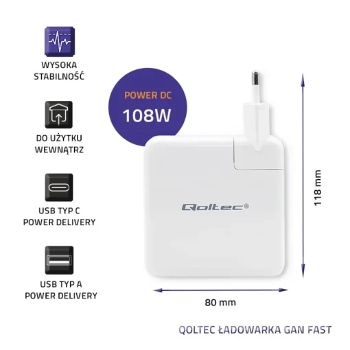 Qoltec Power charger GaN FAST 108W, USB C, white - Image 2