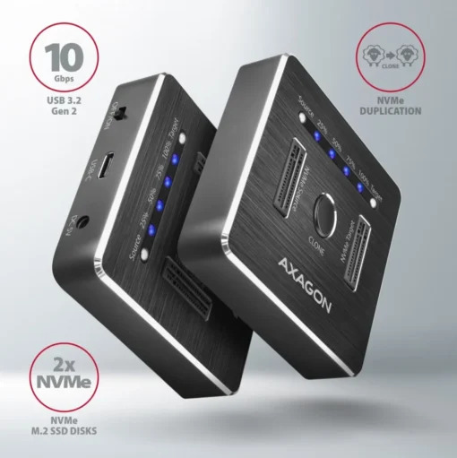 AXAGON Docking Station ADSA-M2C, USB-C 3.2 Gen 2 - 2x M.2 NVMe SSD CLONE MASTER - Image 2