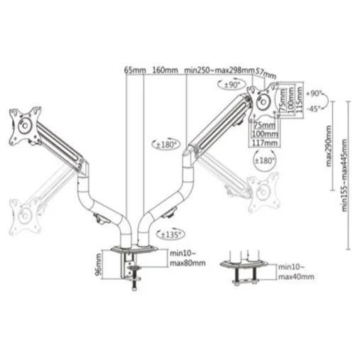 Gembird Adjustable desk 2-display mounting arm (tilting), 17 inches -32 inches, up to 8 kg - Image 3