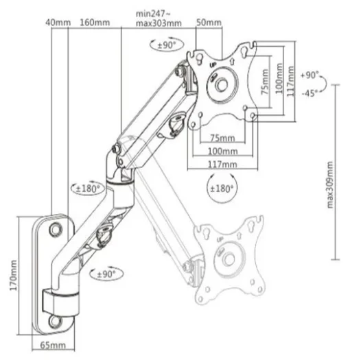 Gembird Adjustable wall display mounting arm, up to 27 inches/7 kg - Image 2