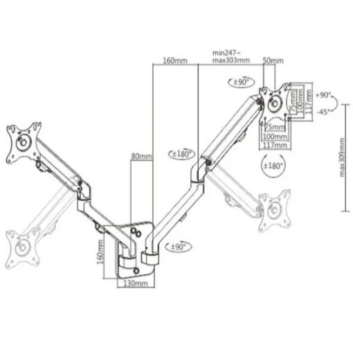 Gembird Adjustable wall 2-display mounting arm, 17 inches-27 inches, up to 7 kg - Image 2