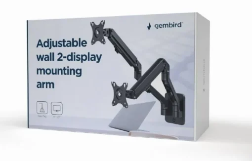 Gembird Adjustable wall 2-display mounting arm, 17 inches-27 inches, up to 7 kg - Image 3