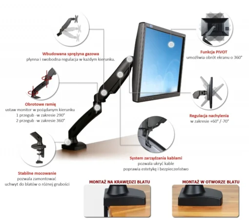 ART Desk handle on gas spring for 1 LCD monitor / LED 13-27 L-11GD - Image 2