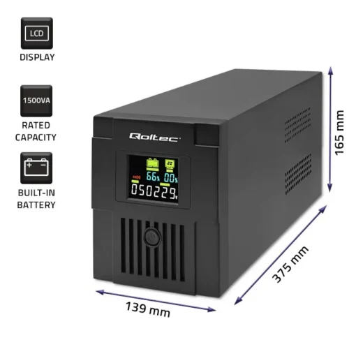 Qoltec Uninterruptible захранващ блок, 1500VA, 900W - Image 2