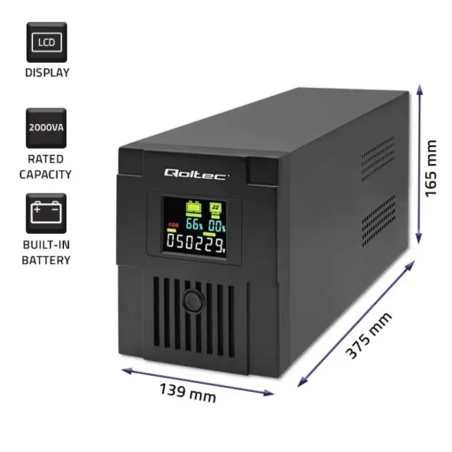 Qoltec Uninterruptible захранващ блок, 2000VA, 1200W - Image 2