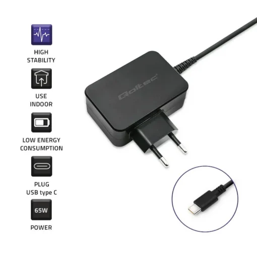 Qoltec Charger 65W, 5V 20V 3A 3.25A, USB type C, P - Image 3