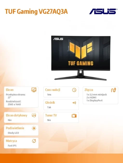 Asus Monitor 27 inch VG27AQ3A TUF G IPS QHD 250cd/m2 /1MS/1000:1/SPEAKERS/HDMI/DP - Image 2