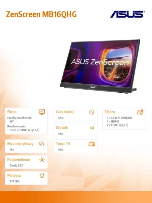 Asus Monitor 16 inches MB16QHG IPS 120Hz 2560X1600Px USB-Cx2 miniHDMI 16:10 - Image 2