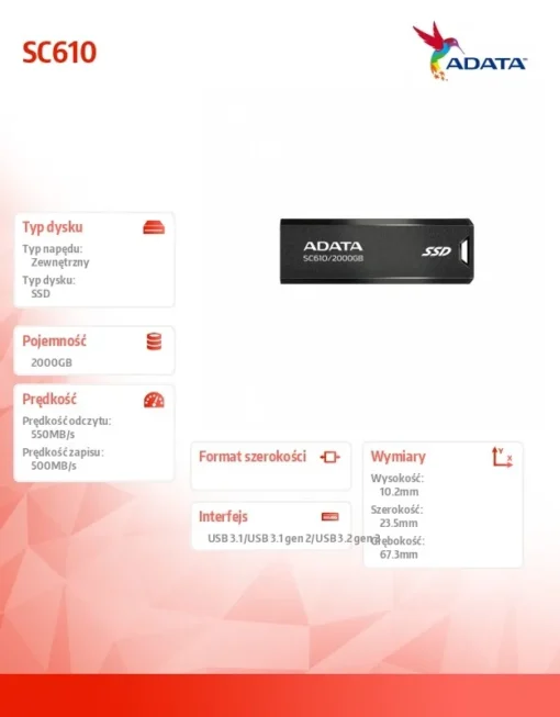 Adata външен SSD SC610 2000 GB USB3.2A Gen2 Black - Image 6