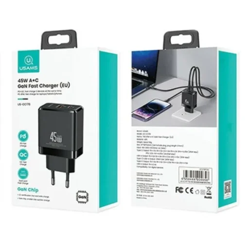 USAMS Charging USB-C+USB-A 45W GaN PD 3.0 Fast Bla - Image 2