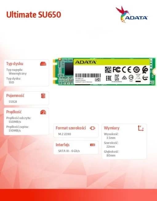 Adata Drive SSD Ultimate SU650 512GB M.2 TLC 3D 2280 SATA - Image 6