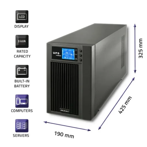 Qoltec UPS On-line Pure Sine Wave 3kVA 2.4W LCD USB - Image 3