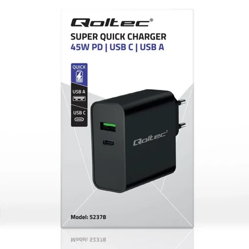 Qoltec Super Quick PD charger 1xUSB C, 1xUSB, 45W - Image 3