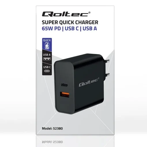 Qoltec Super Quick PD charger 1xUSB C, 1xUSB, 65W - Image 3