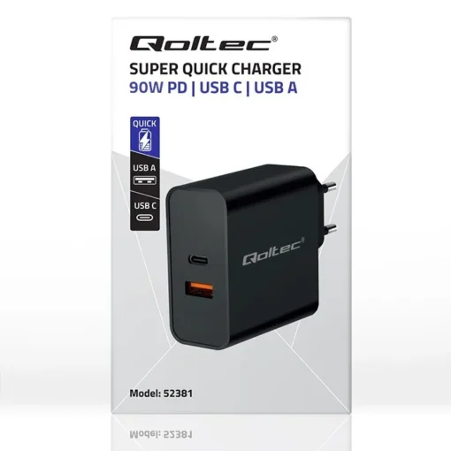 Qoltec Super Quick PD charger 1xUSB C, 1xUSB, 90W - Image 3