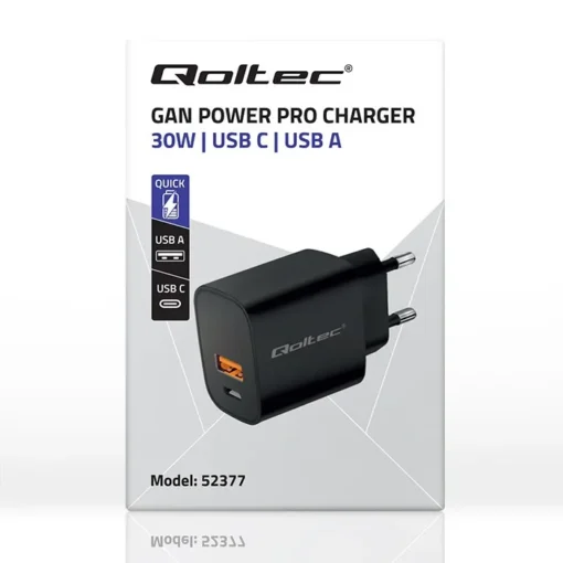 Qoltec GaN POWER PRO charger 1xUSB C, 1xUSB, 30W - Image 2