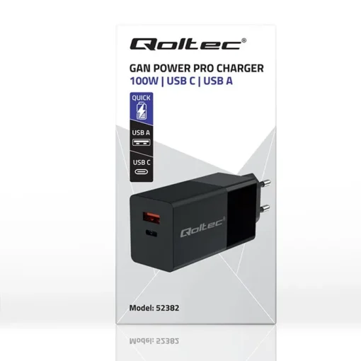 Qoltec GaN Power PRO charger 1xUSB C, 1xUSB, 100W - Image 2