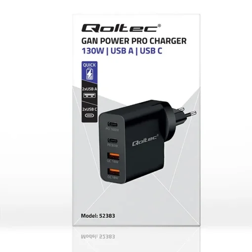 Qoltec GaN POWER PRO charger 2xUSB C, 2xUSB, 130W - Image 2