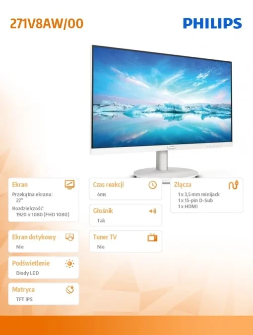 Philips Monitor 271V8AW 27 inch IPS HDMI Speakers White - Image 3