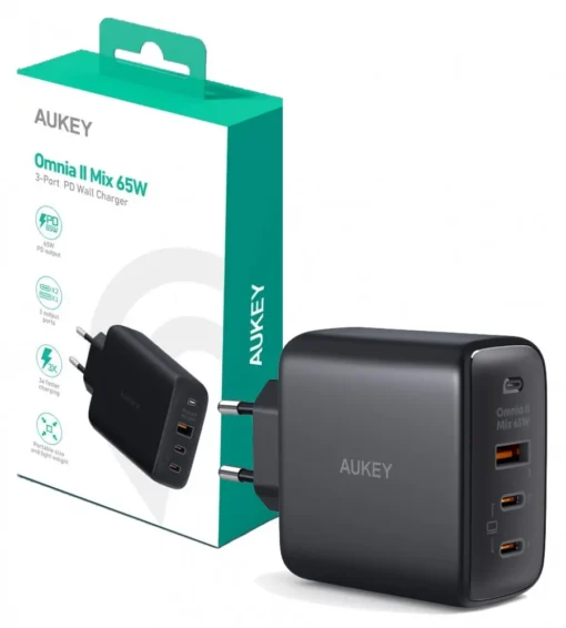 AUKEY AUKEY PA-B6T Black Omni a II GaN Wall Charger 3xUSB (2xUSB C+ 1xUSB A) 65W QC PD - Image 5