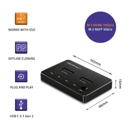 Qoltec M.2 SSD drive docking station, NVMe, SATA,USB - Image 3