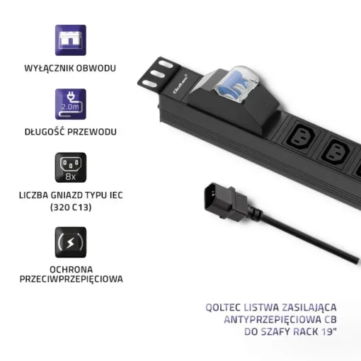 Qoltec Power strip for RACK 19cali | circuit breaker | 1U | 10A | PDU 8xIEC C13 | 2m - Image 4