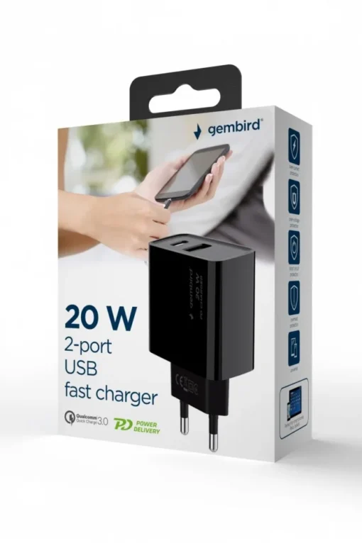 Gembird Power Delivery Charger USB-A USB-C 20W Black - Image 2