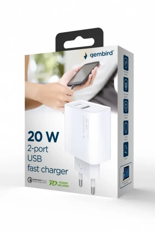 Gembird Power Delivery Charger USB-A USB-C 20W White - Image 2