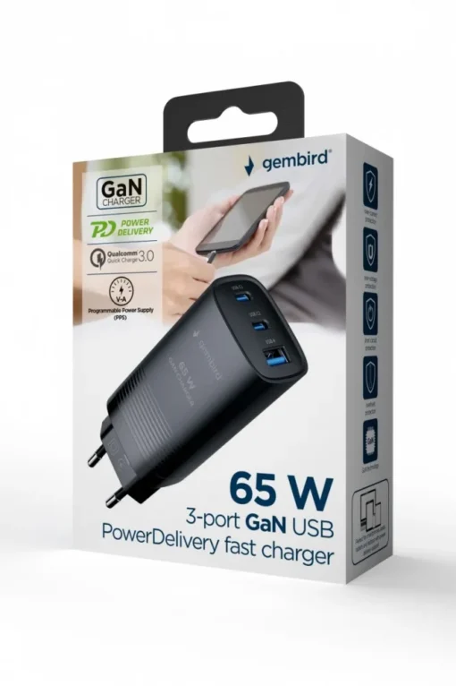 Gembird Power Delivery Charger 1xA 2xC GaN 65W Black - Image 2