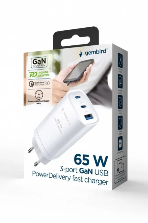 Gembird Power Delivery Charger 1xA 2xC GaN 65W White - Image 2