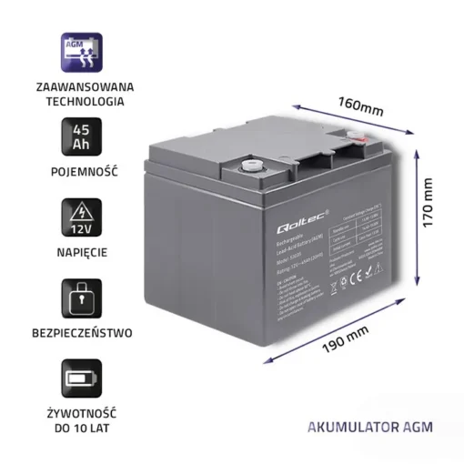 Qoltec Battery AGM 12V 45Ah max.13.5A - Image 3