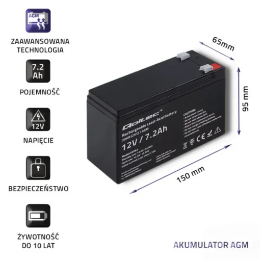 Qoltec AGM battery 12V 7.2Ah, max. 108A - Image 3