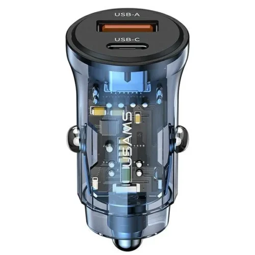 USAMS зарядно за кола 30W 1xUSB+ 1xUSB-C Fast charge blu