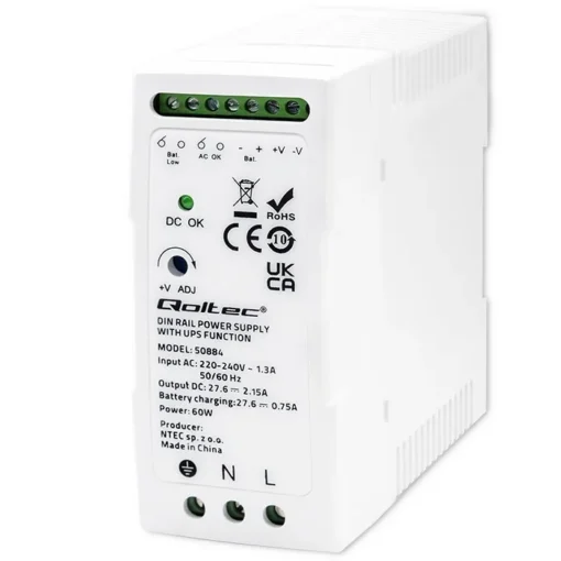 Qoltec DIN rail захранващ блок with UPS function, 60W