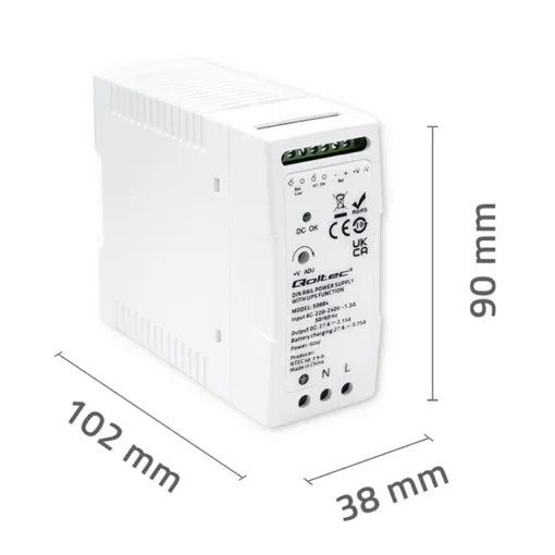 Qoltec DIN rail захранващ блок with UPS function, 60W - Image 3